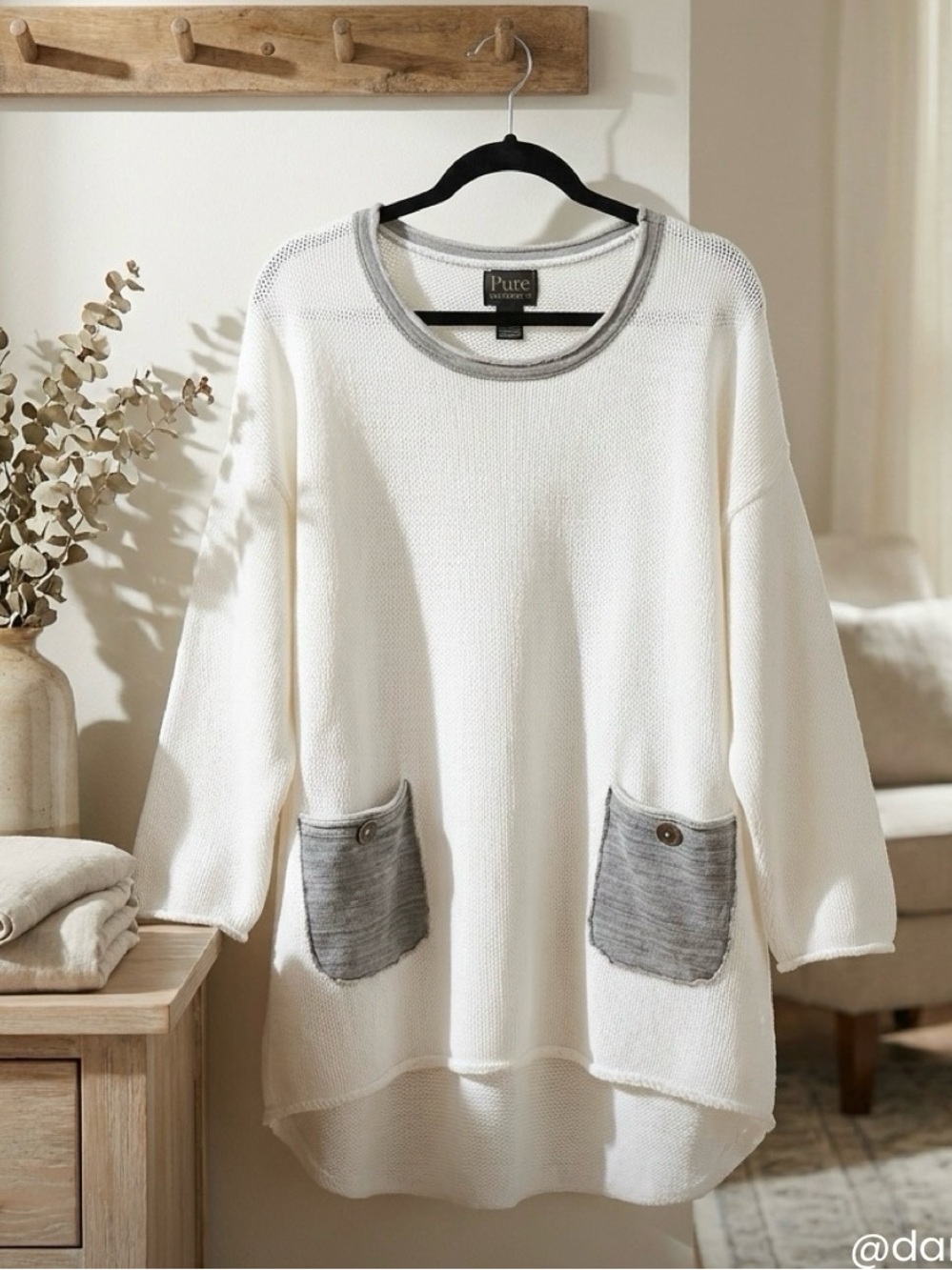Pure Handknit Relaxed Cream Sweater with Gray Pocket Accents